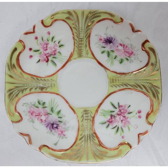 White Porcelain Fine China Teacup with Green Paint, Gold Accent, Pink Flowers - Picture 1 of 3